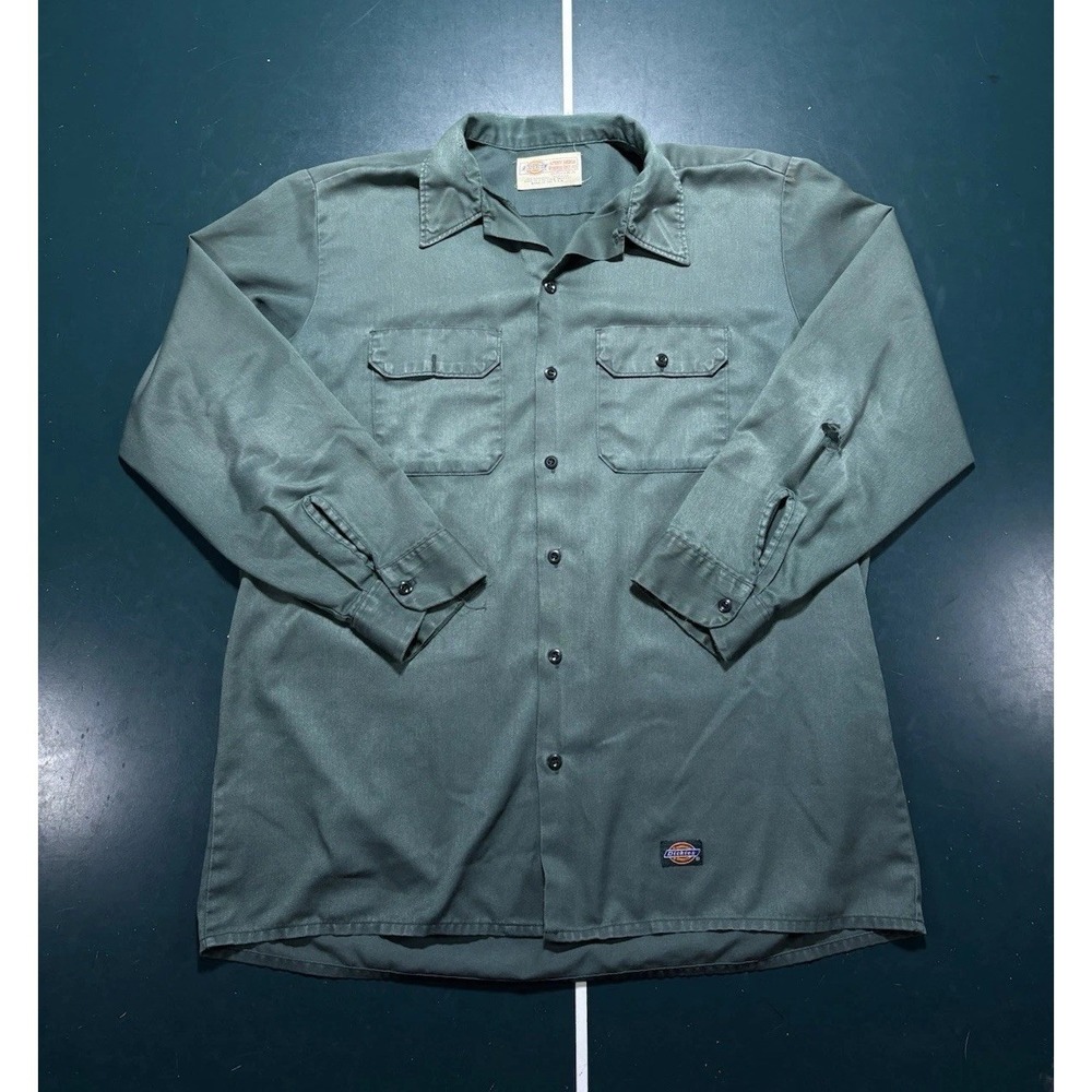 Vintage Dickies Long Sleeve Work Shirt Mens XL Faded Green Made In USA 17-17.5